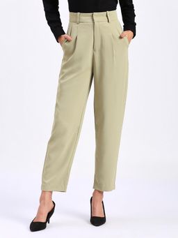 FITHUB - Women Polyester Solid Green High Waist Formal Trouser
