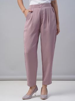 FITHUB - Women Polyester Solid Pink High Waist Formal Trouser