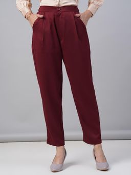 FITHUB - Women Polyester Solid Maroon High Waist Formal Trouser