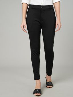 FITHUB - Women Polyester Solid Black High Waist Formal Trouser