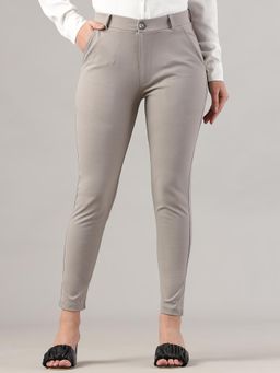 FITHUB - Women Polyester Solid Light Grey High Waist Formal Trouser