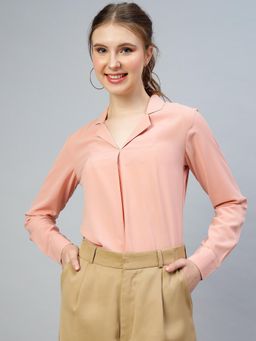 FITHUB - Women Polyester Solid Peach Notched Lapel Top