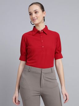FITHUB - Women Polyester Solid Red Puff Sleeves Shirt Style Top
