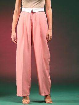 KOTTY - Women Cotton Solid Pink High Waist Casual Trouser