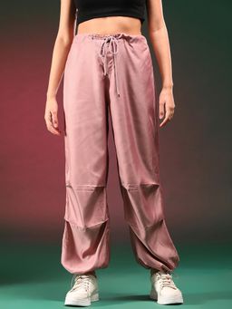 KOTTY - Women Viscose Solid Pink High Waist Parachute Casual Trouser