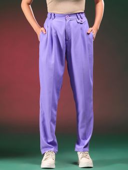 KOTTY - Women Cotton Solid Purple High Waist Casual Trouser