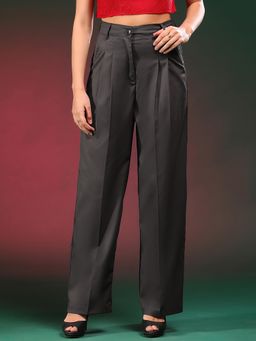 KOTTY - Women Cotton Solid Grey High Waist Casual Trouser