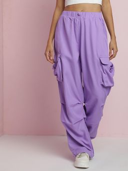 KOTTY - Women Polyester Solid Lavender High Waist Parachute Casual Trouser