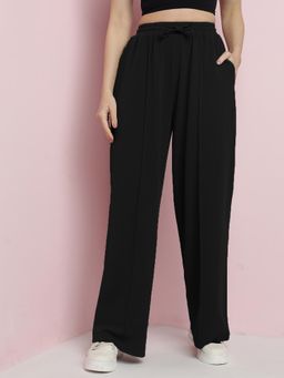 KOTTY - Women Viscose Solid Black High Waist Casual Trouser