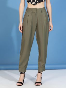 KOTTY - Women Cotton Solid Green High Waist Casual Trouser