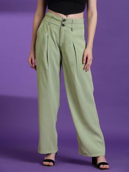 KOTTY - Women Cotton Solid Green High Waist Casual Trouser