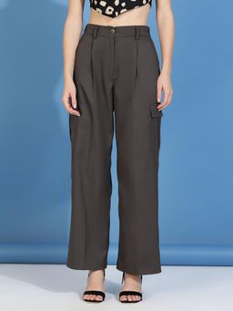 KOTTY - Women Cotton Solid Grey High Waist Casual Trouser
