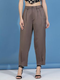 KOTTY - Women Cotton Solid Grey High Waist Casual Trouser