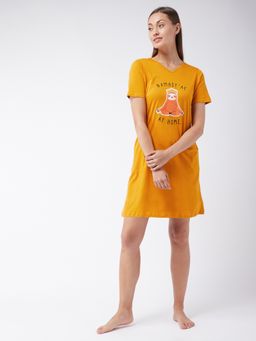 Miss Chase - Women's Mustard Yellow Round Neck Short Sleeves Printed Regular Length Dress Yellow