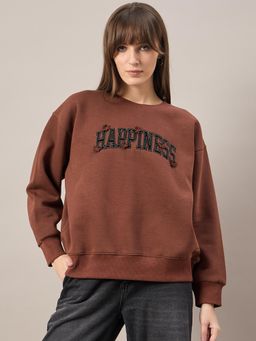 Femea - Women Drop Shoulder Brown Coloured Embroidered Sweatshirt