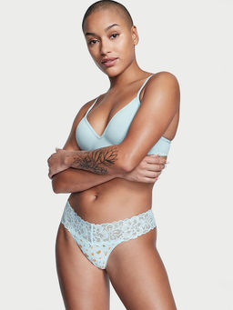 Victoria's Secret - Women Blue Printed Lace Trim Waist Cotton Thong Panty