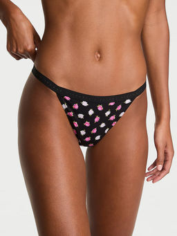 Victoria's Secret - Women Black Stretch Cotton Floral V-String Thong Panty