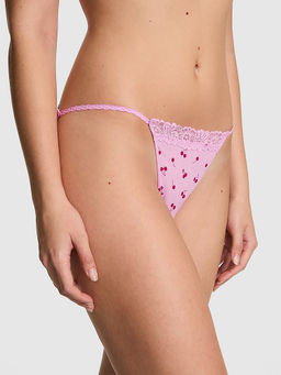 Victoria's Secret - Women Pink Cotton Printed Lace-Trim String Bikini Panty