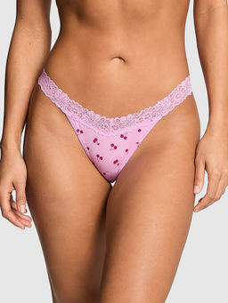 Victoria's Secret - Women Pink Cotton Printed Lace-Trim Thong Panty