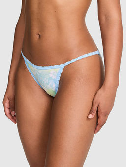 Victoria's Secret - Women Blue Floral Printed Lace-Trim String Bikini Panty