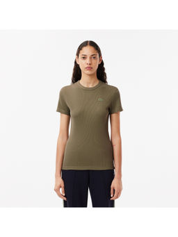 Lacoste - Women'S Slim Fit Ribbed Cotton Olive T-Shirt