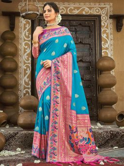 Odette - Womens Blue Paithani Silk Woven Design Saree with Unstitched Blouse