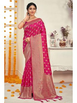 Sangam Prints - Magenta Silk Woven Zari Work Traditional Tassel Saree with Unstitched Blouse
