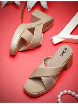 Gahan - Womens Beige Trendy Cross Strap Block Slip On Sandal Heels