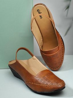 Gahan - Womens Tan Perforated Design Insole Stylish Closed Toe Slingback Wedges Heels