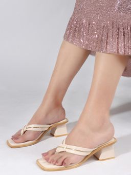 Gahan - Womens Cream Elegant Gold Strap Design Toe Ring Block Sandal Heels