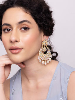 Indya - Gold Multi Shape Kundan Pearl Chandbali Earrings