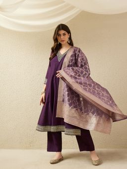 Gahan - Womens Embroidered Purple Kurta with Pant & Dupatta