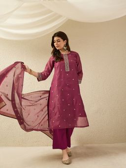Gahan - Womens Embroidered Pink Kurta with Pant & Dupatta
