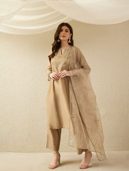 Gahan - Womens Embroidered Gold Kurta with Pant & Dupatta