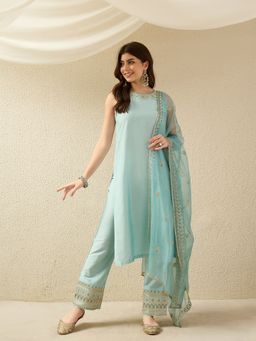 Gahan - Womens Embroidered Sky Blue Kurta with Pant & Dupatta