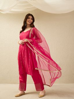 Gahan - Womens Embroidered Pink Kurta with Pant & Dupatta