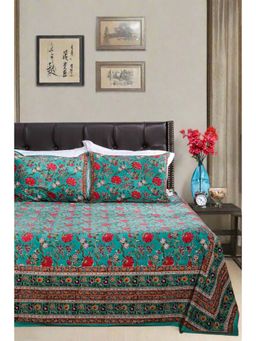 Shahenaz - Sunderban Green/Red Poppies Cotton 220 TC King Bedsheet with Pillow Cover