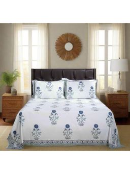 Shahenaz - Genda Phool Blue Cotton 220 TC Queen Bedsheet with Pillow Cover