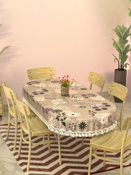 Kuber Industries - PVC Oval Dining Table Cover 6 Seater – Flower Circle - Light Brown