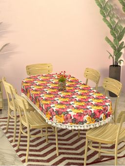 Kuber Industries - Oval 6 Seater Wavy Border Dining Table Cover – Multi Floral - White Red