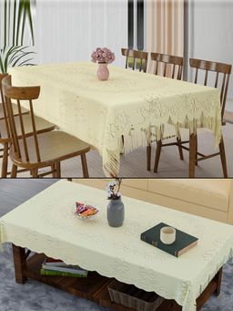 Kuber Industries - Dining & Centre Table Cover – Self Flower Jhala - Cream (Pack of 2)