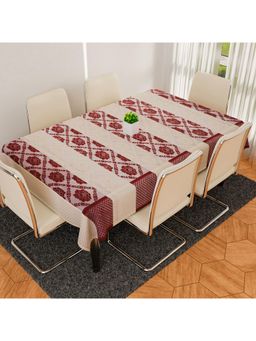 Kuber Industries - Cotton Net Maroon Flower Patta Home Decor Dining Table Cover – Cream (6 Seater)