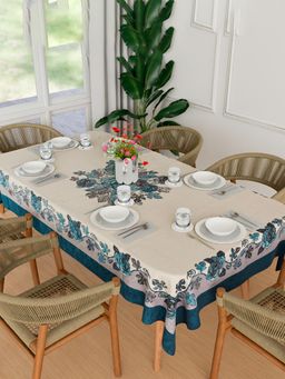 Kuber Industries - Net Dining Table Cover – Rose Digital Embroidery Print-640 – DTC – Blue (6 Seater)