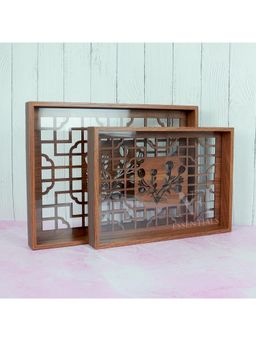 NFI Essentials - MDF Wooden Rectangle Enamel Coated Serving Trays - Brown (Pack of 2)