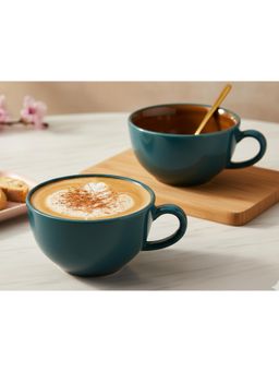 BODHI HOUSE - 350ML Ceramic Soup and Coffee Wide Mugs with Handle - Teal (Pack of 2)