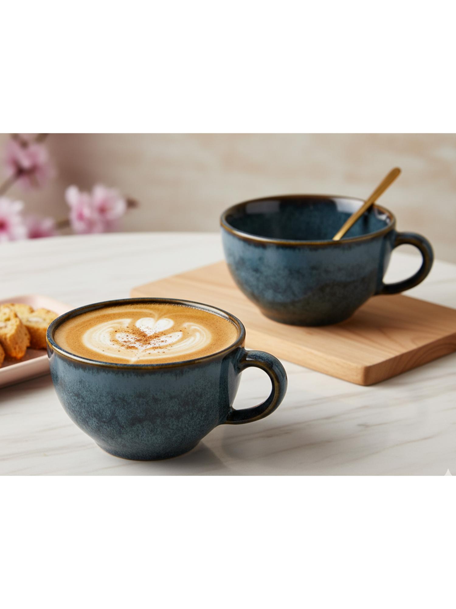 BODHI HOUSE 350ML Ceramic Soup and Coffee Wide Mugs with Handle - Blue (Pack of 2)