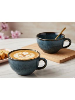 BODHI HOUSE - 350ML Ceramic Soup and Coffee Wide Mugs with Handle - Blue (Pack of 2)