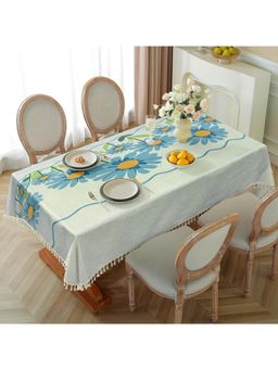 Cortina - Cotton-Linen Waterproof Table Cover for Dining Table – White & Blue (4 Seater)