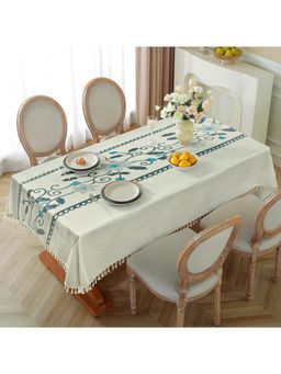 Cortina - Cotton-Linen Waterproof Table Cover for Dining Table – White & Dark Blue (4 Seater)