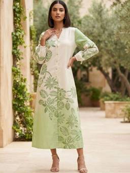 STIL-O-STITCH - Women'S Green Floral Print Cotton Maxi A-Line Dress